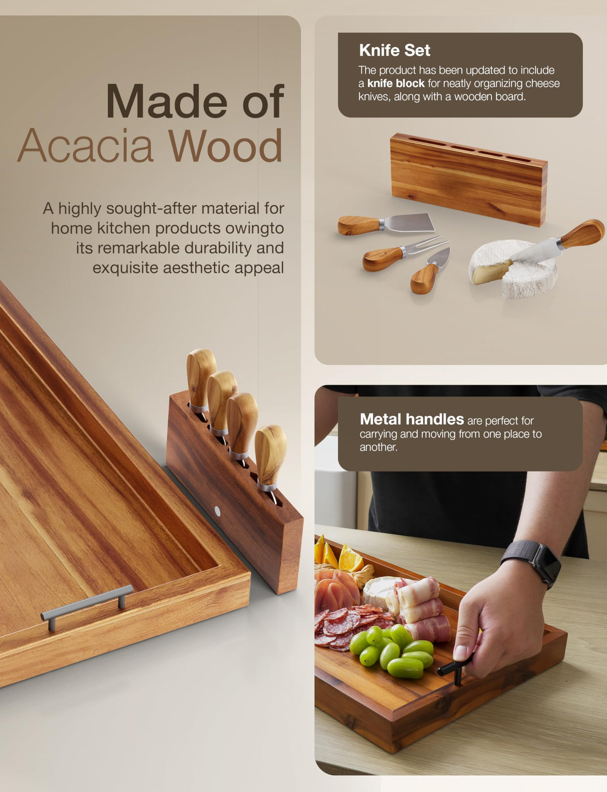 Tidita Acacia serving board showing wood grain texture for upscale entertaining.