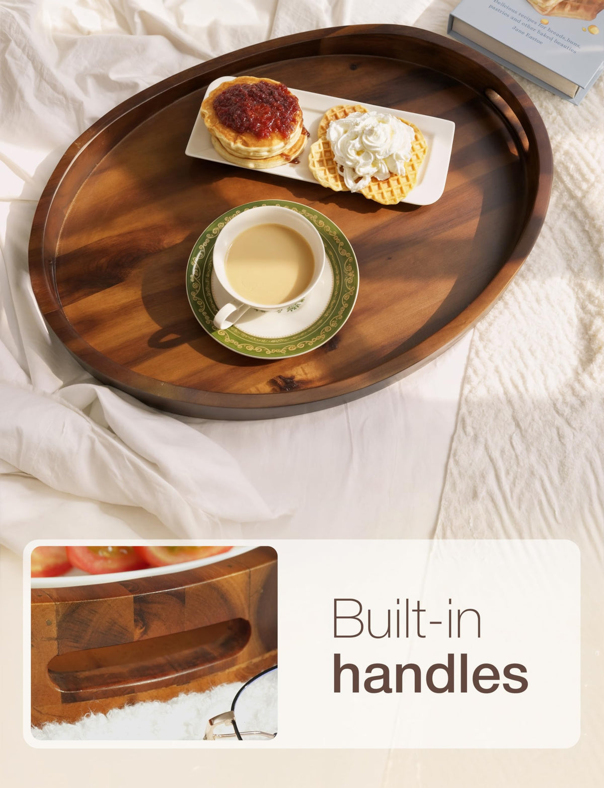 Tidita acacia tray highlights natural grain and warmth in living spaces.