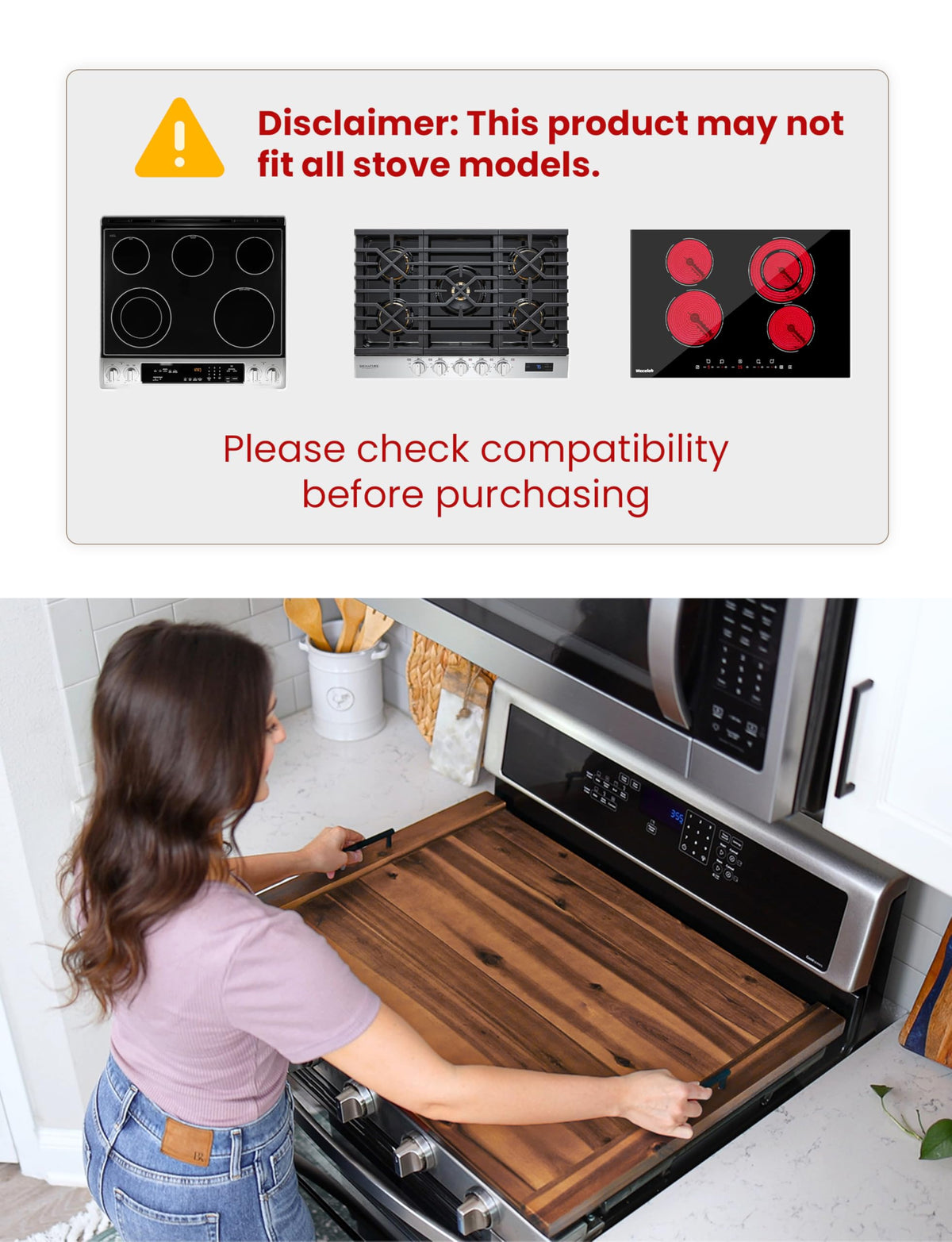 Tidita Acacia wood surface on a stove top cover adds natural beauty.