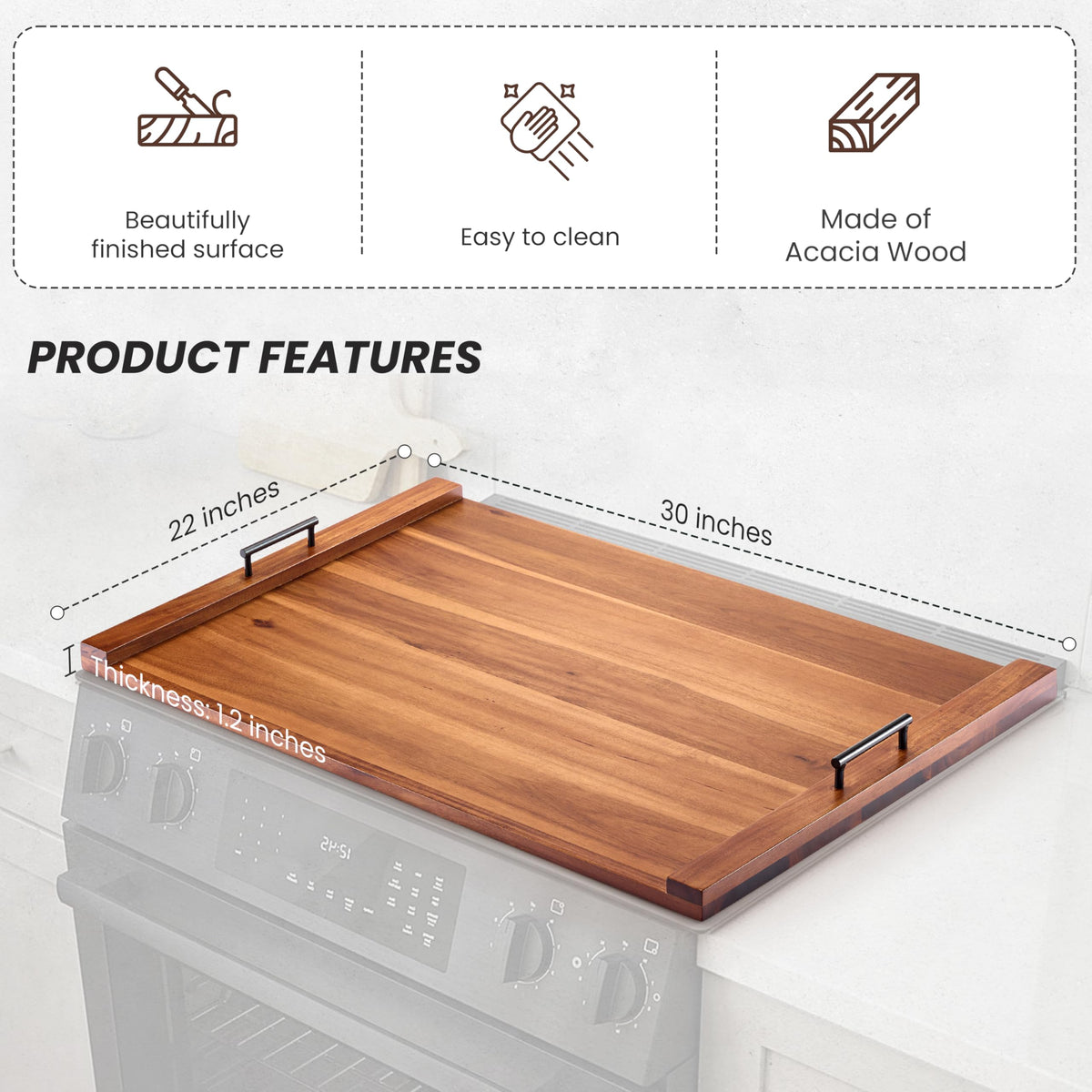 Tidita Acacia wood stove-top cover on a gas stove for organized workspace.