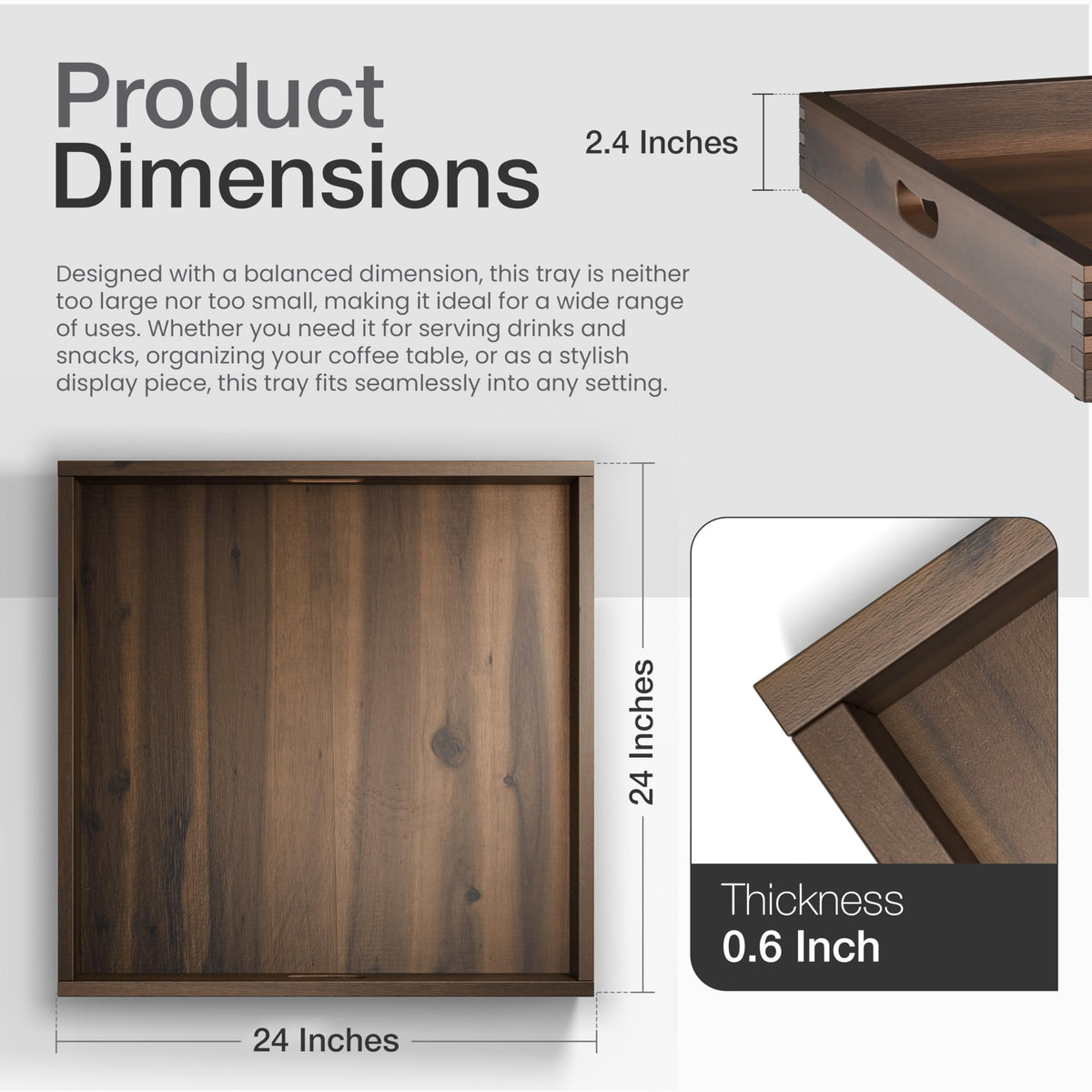 Tidita acacia wood tray with integrated handles for easy transport.