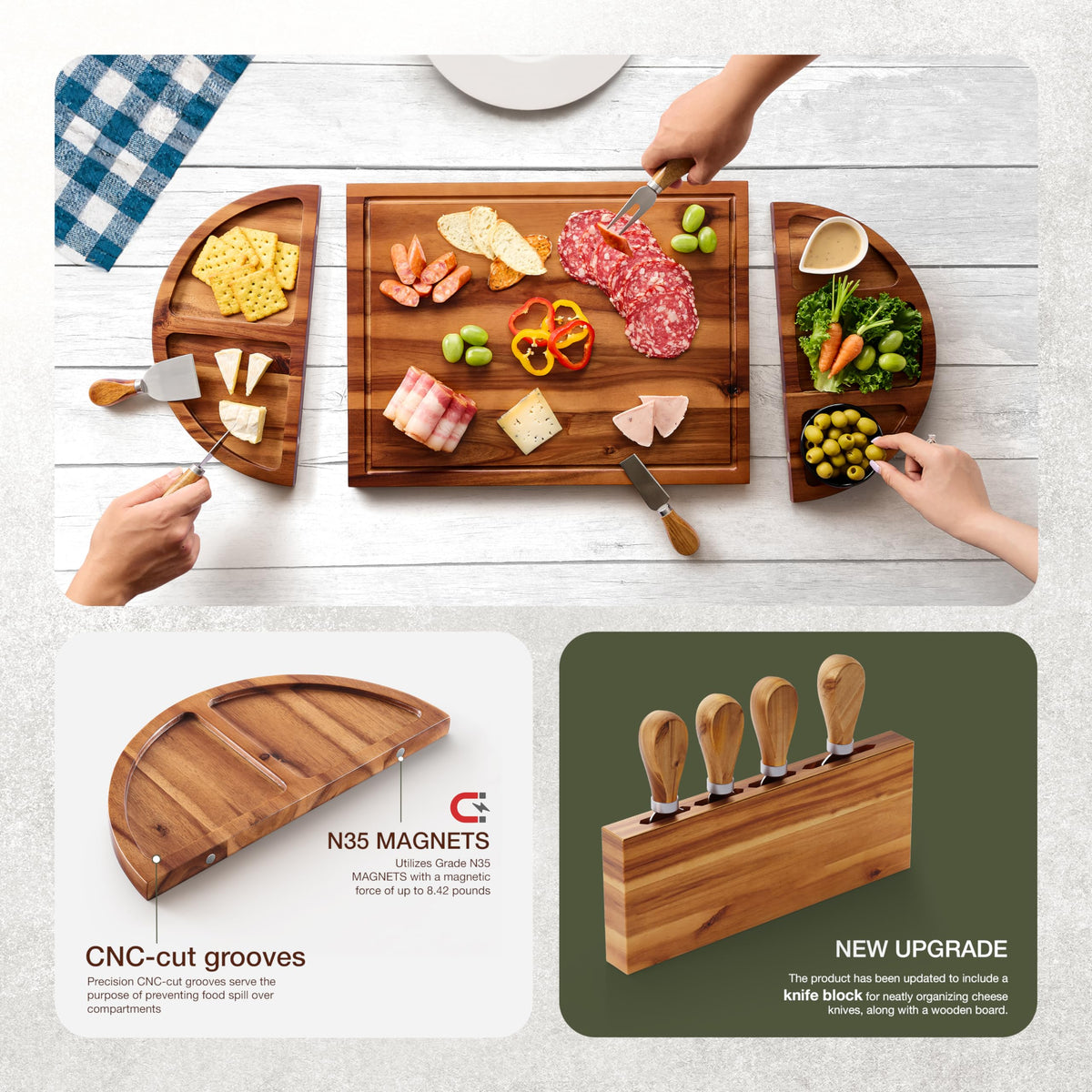 Tidita half-circle trays add versatile serving for nuts and olives.