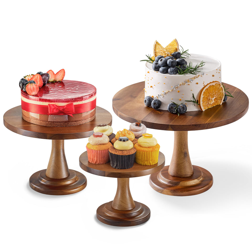 Tidita set of 3 acacia wood cake stands in varying sizes for elegant dessert display.