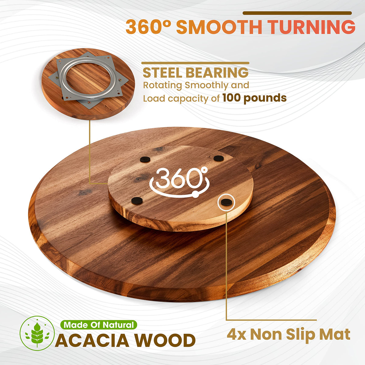 Close-up of natural acacia wood grain on Tidita Lazy Susan