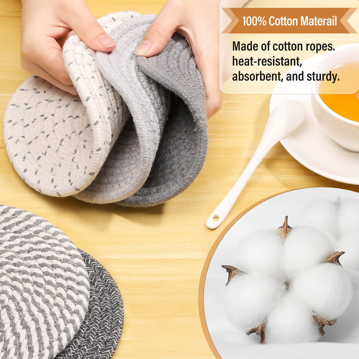Tidponra cotton rope trivets highlight flexibility and absorbent surface.