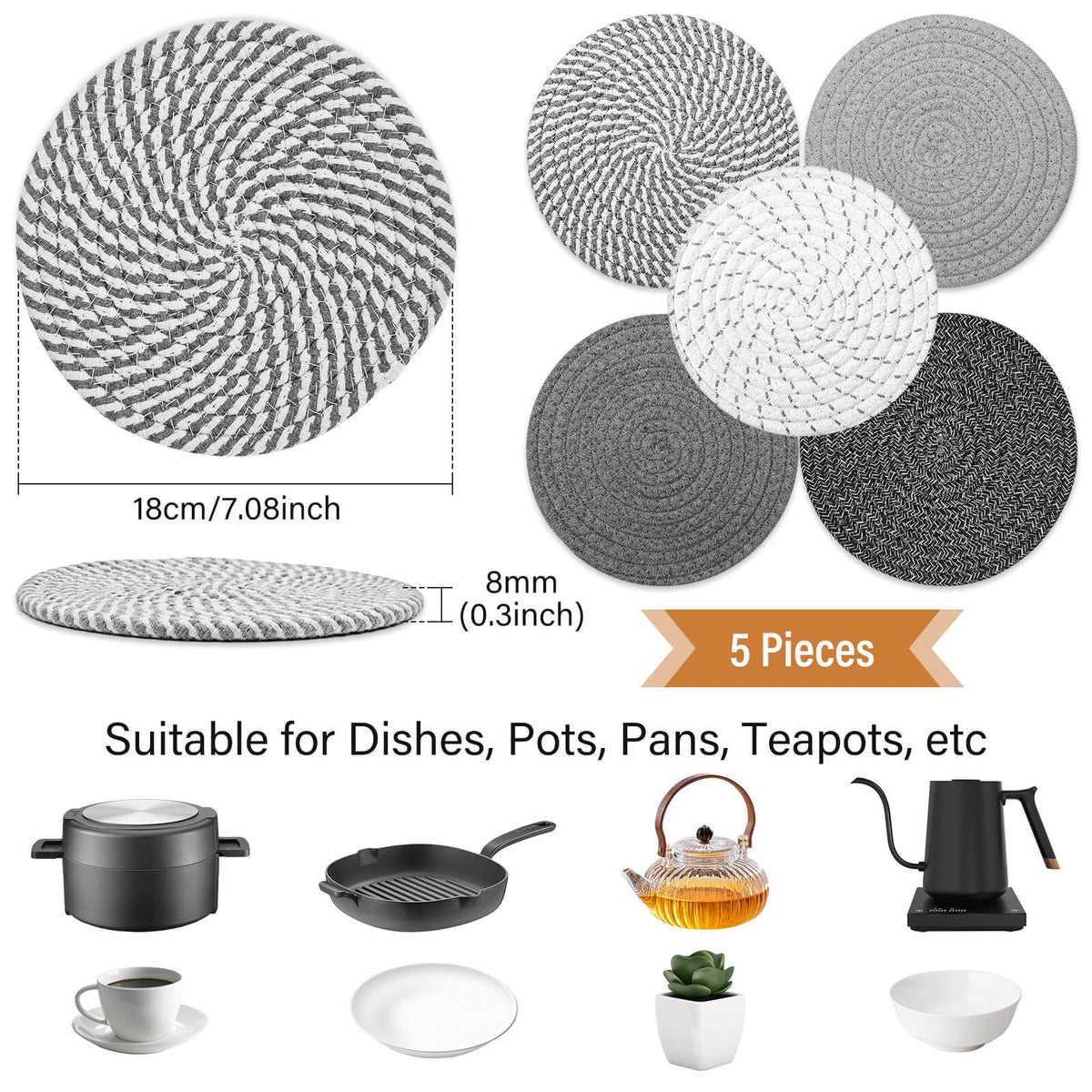 Tidponra 7-inch diameter trivets shown under a hot pot on a kitchen counter.