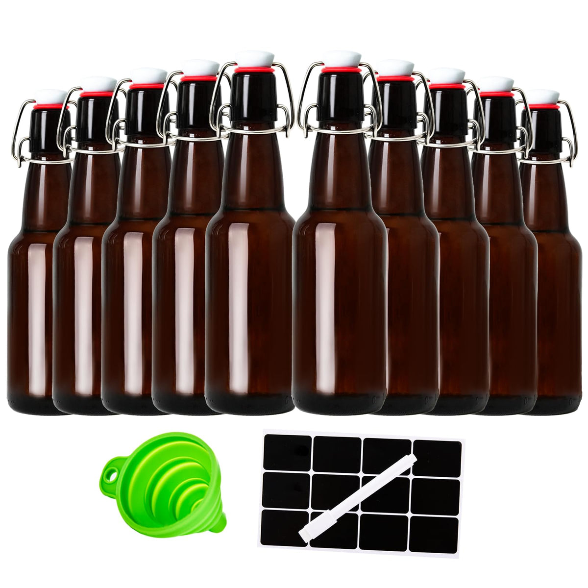 TienChoo 12oz amber bottle with flip-top lid, ideal for homebrewing and storage.