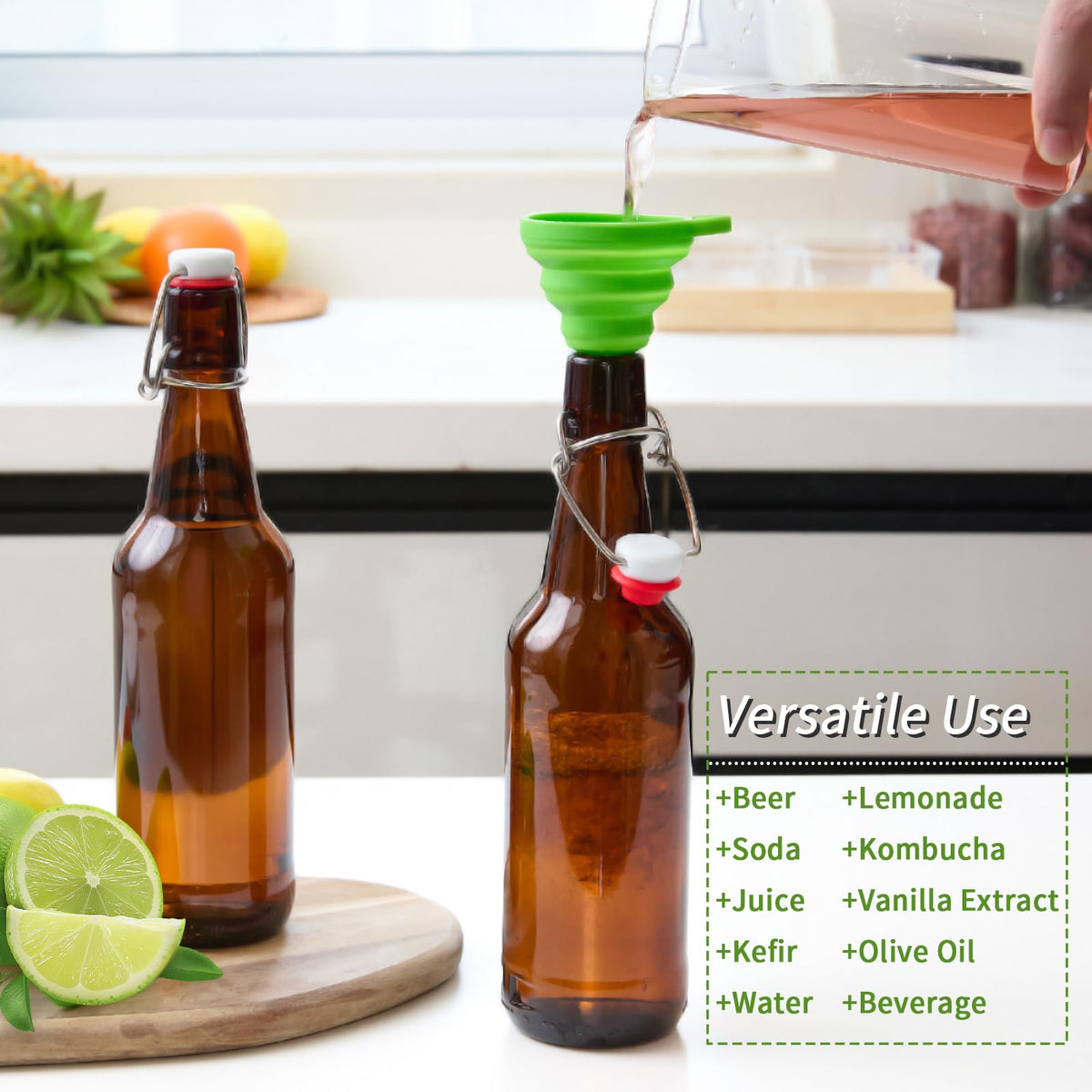 TienChoo amber bottle with gasket demonstrates leak-proof swing-top design.