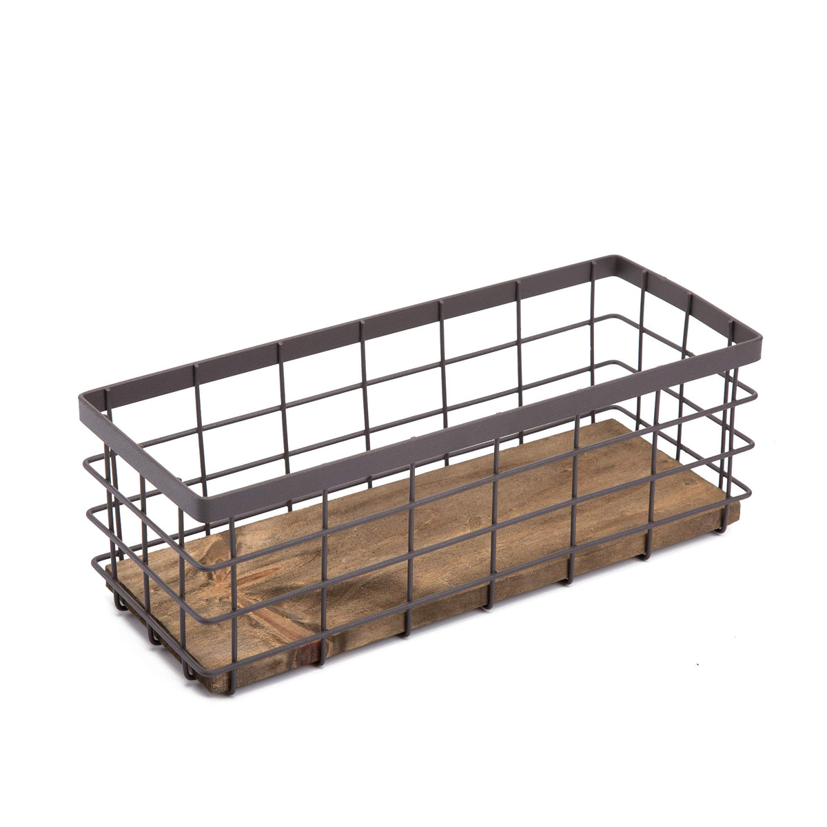 TIEYIPIN small metal wire storage basket with wood base for compact organization on shelves.