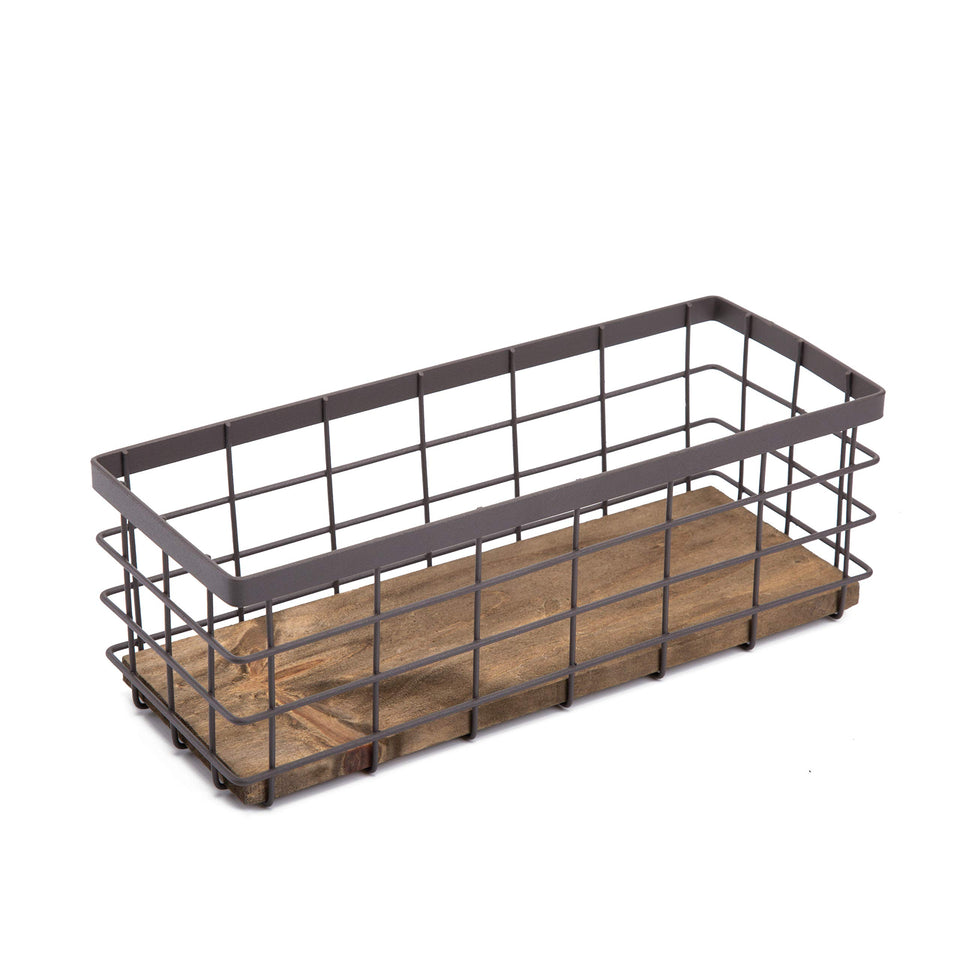 TIEYIPIN small metal wire storage basket with wood base for compact organization on shelves.
