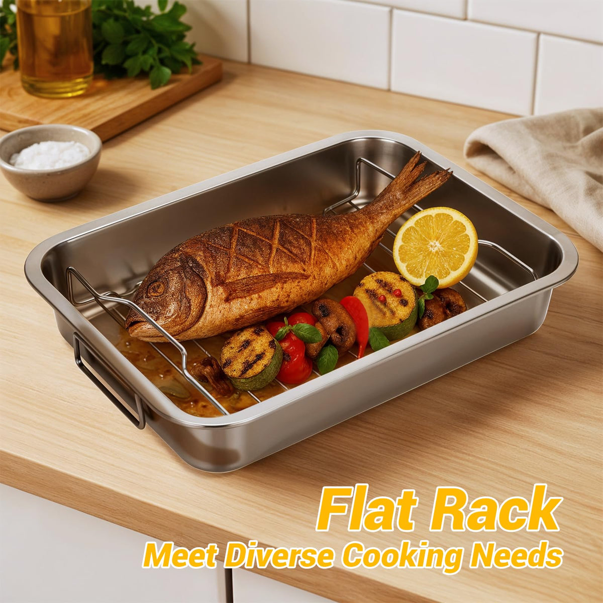 Tifanso roasting pan flat rack elevates food and frees space for vegetables