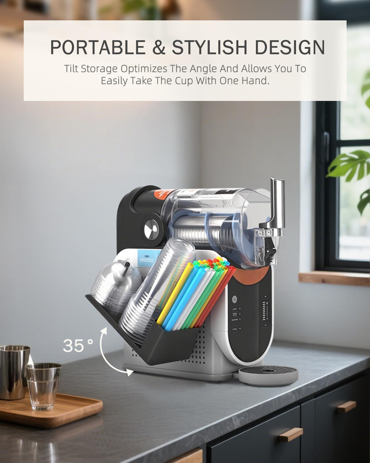 Compact side-mount frees counter space during preparation.