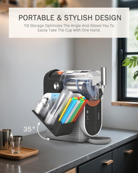 Compact side-mount frees counter space during preparation.