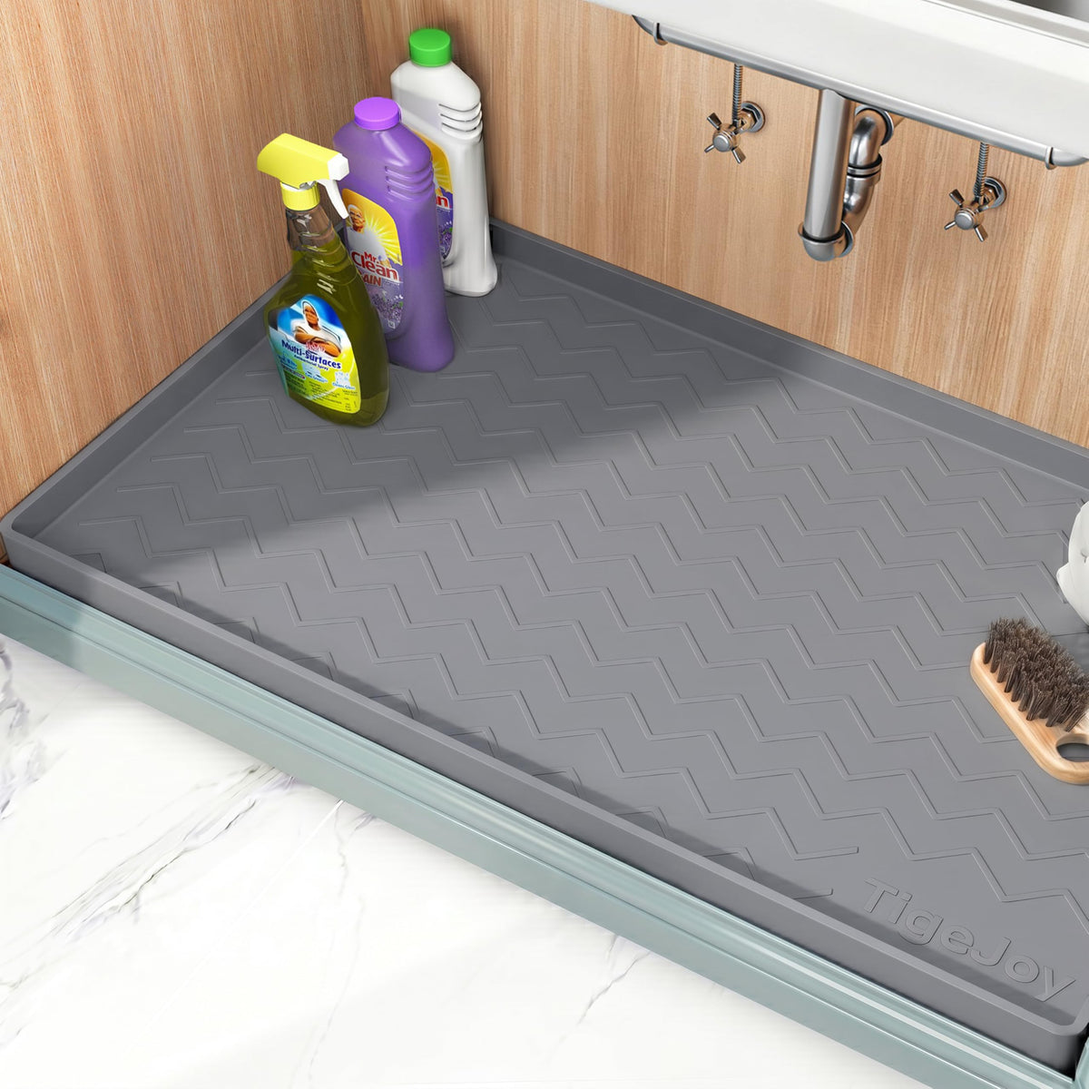 TigeJoy under-sink mat 40x19 waterproof protects cabinets from leaks.