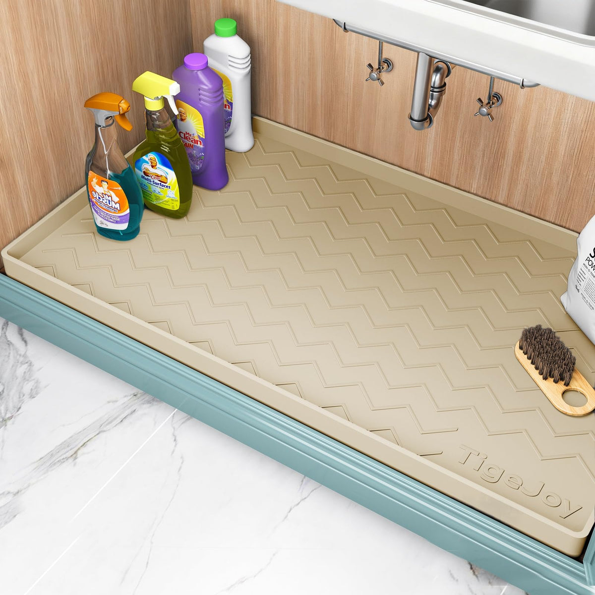 TigeJoy under-sink mat 34x22, waterproof protection for cabinets and floors.