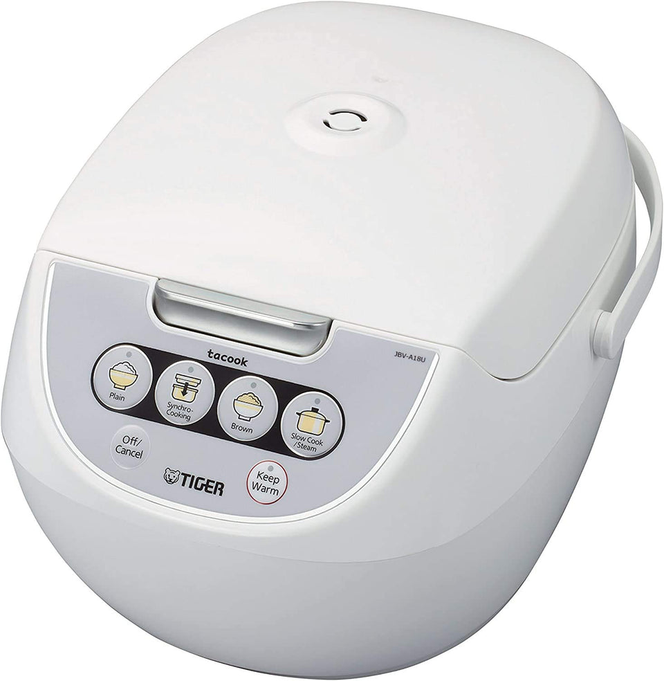 Tiger JBV-A18U-W rice cooker front view with compact, reliable performance for family meals.