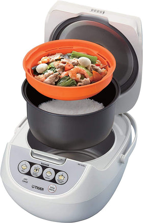 Tiger JBV-A18U-W tacook synchronized cooking setup with rice and main dish.
