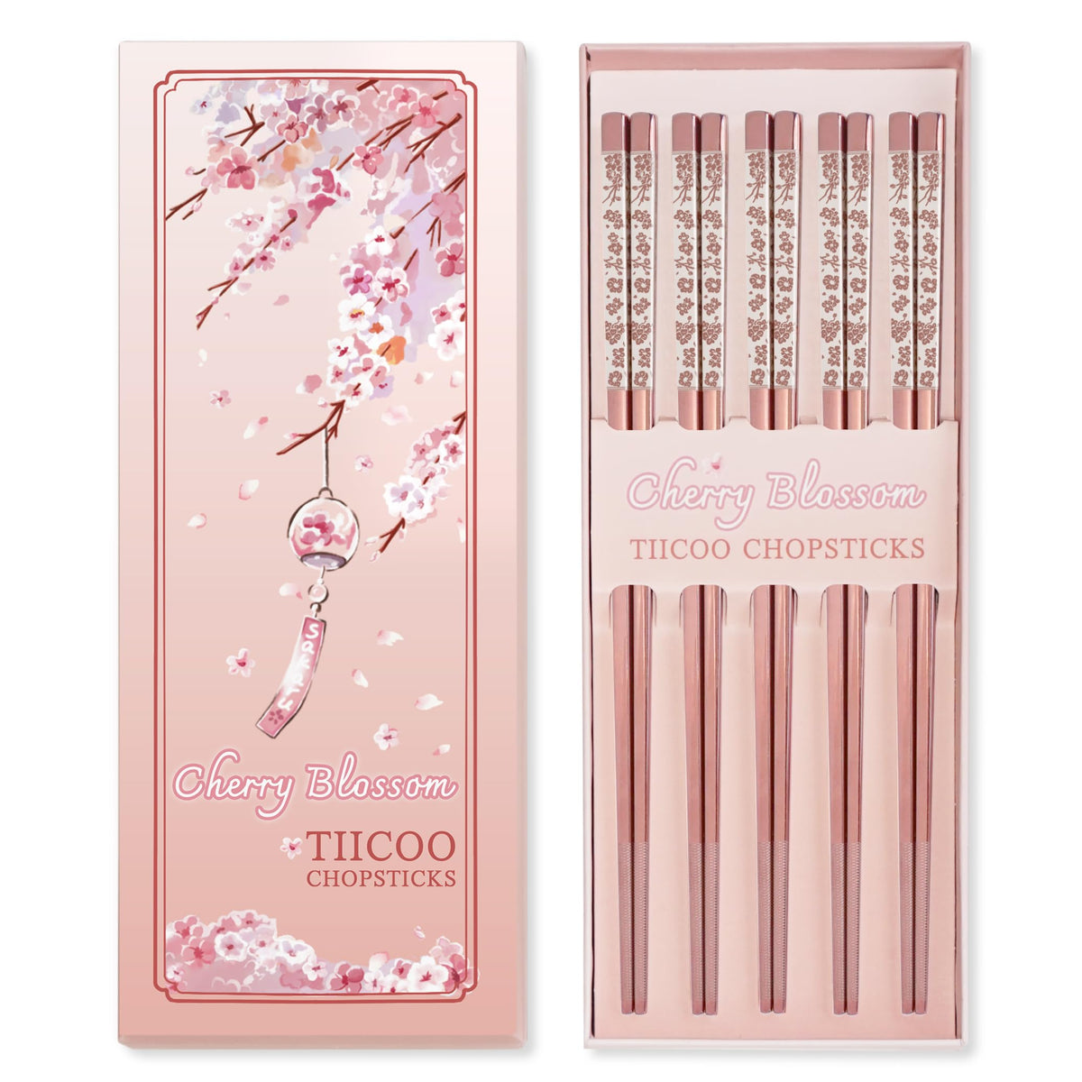 TIICOO pink sakura laser-engraved chopsticks close-up highlighting grip