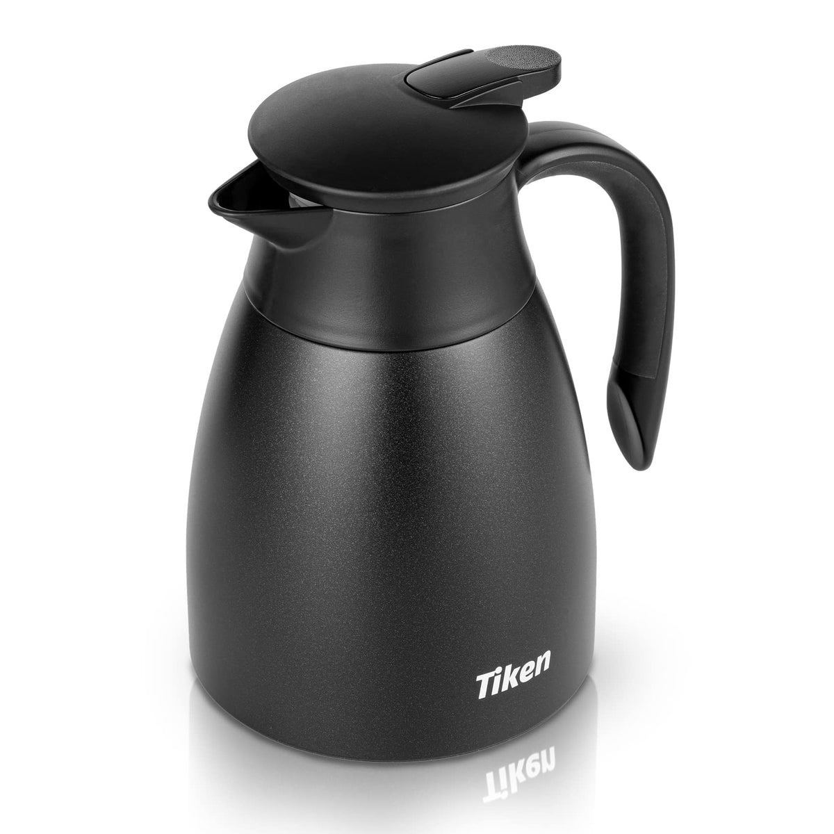 Tiken 34oz thermal coffee carafe pour-focused view shows easy one-handed pouring and temperature retention