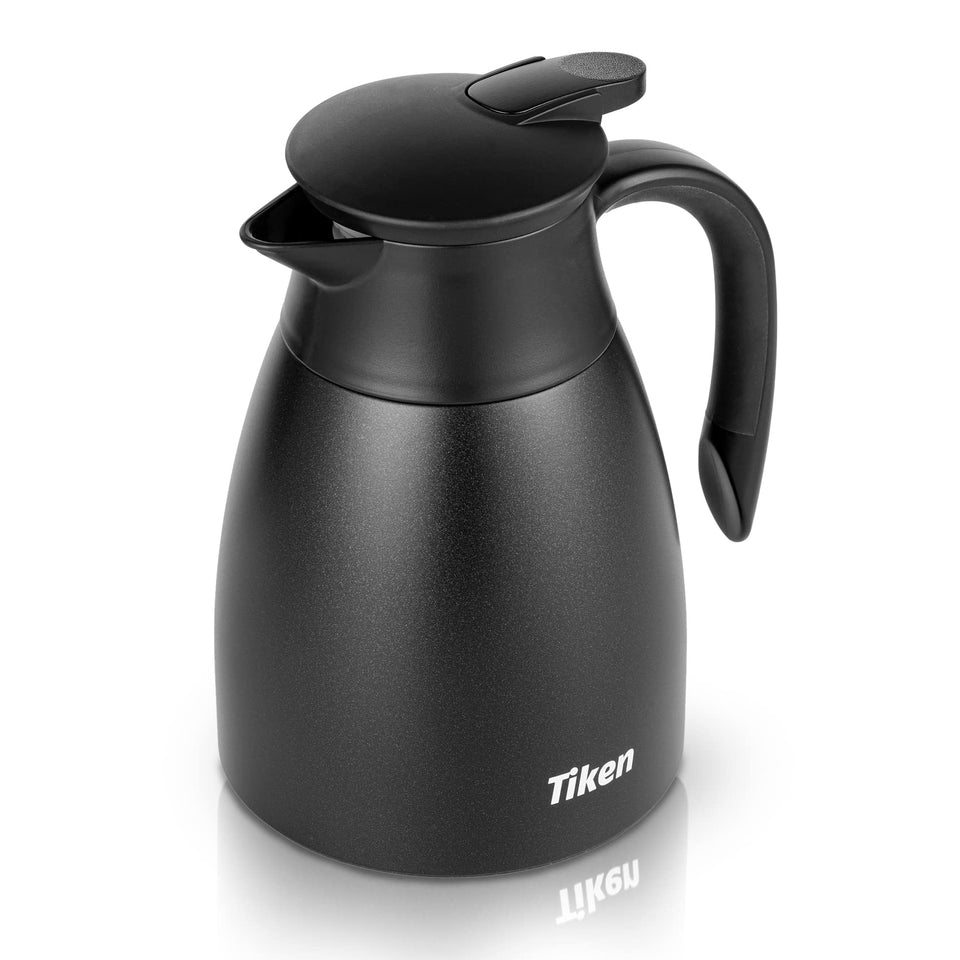 Tiken 34oz thermal coffee carafe pour-focused view shows easy one-handed pouring and temperature retention