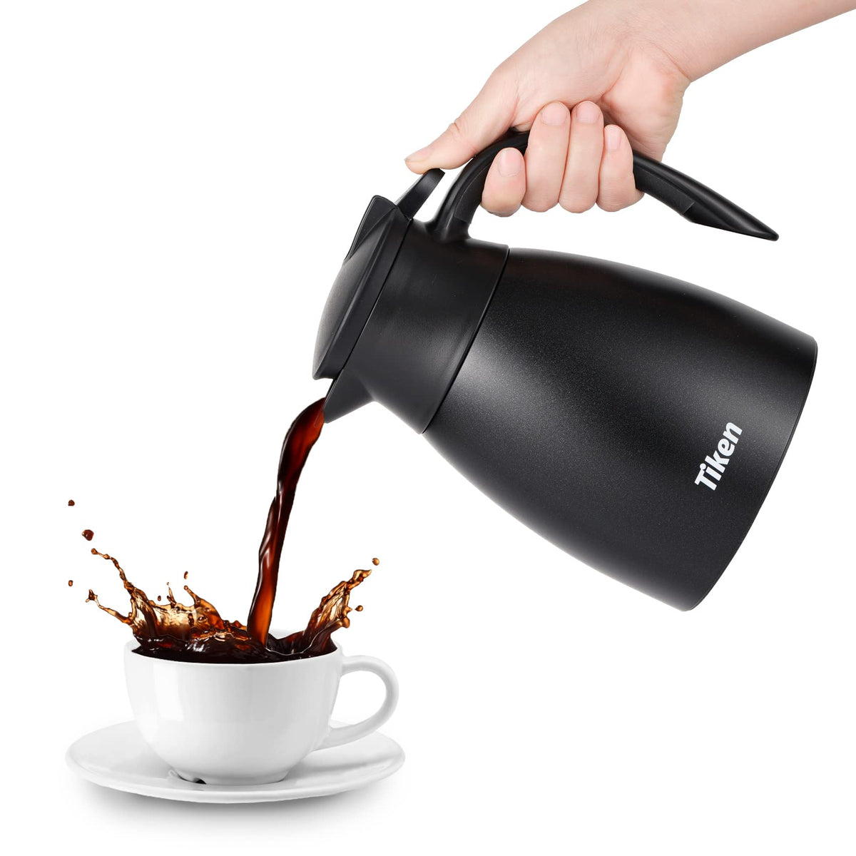 Tiken stainless steel carafe in office setting highlights professional, long-lasting heat retention