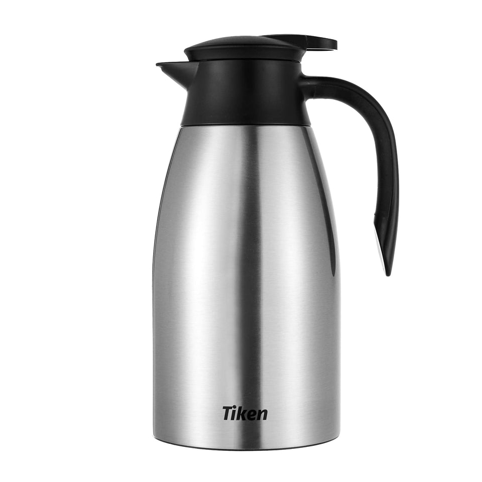 Front view of Tiken 68oz thermal coffee carafe with durable stainless steel body.