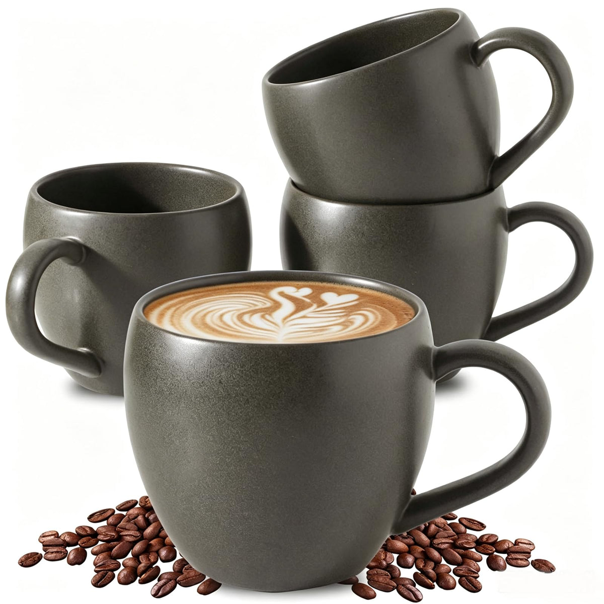 Tikooere coffee mugs set of 4 in black with 16 oz capacity and a comfortable handle.