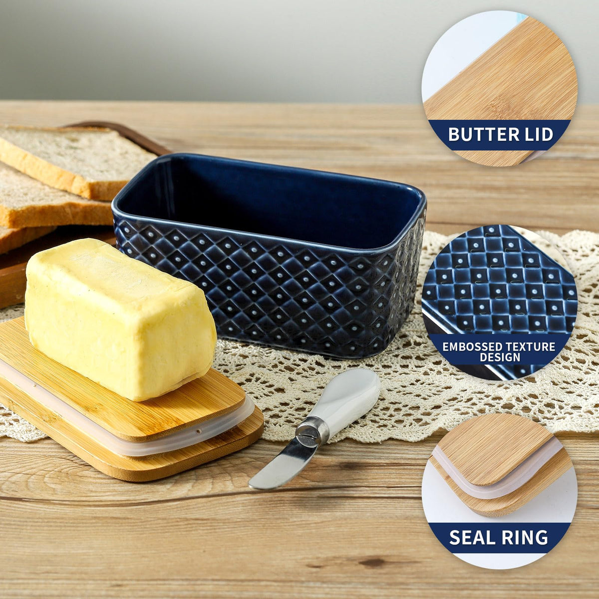 Embossed pattern adds farmhouse charm while keeping butter organized.