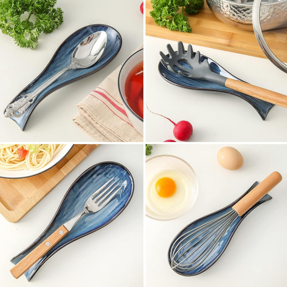 Heat resistant ceramic spoon rest protects counters during hot utensil use