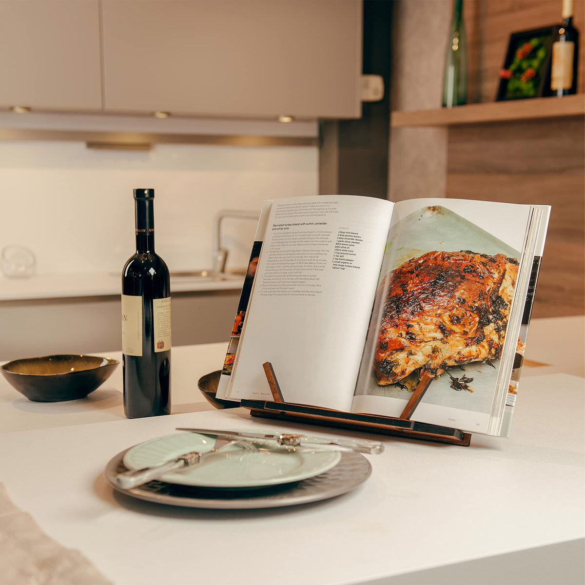TILISMA walnut cookbook stand kitchen use demonstrates recipe reading with stable page support.