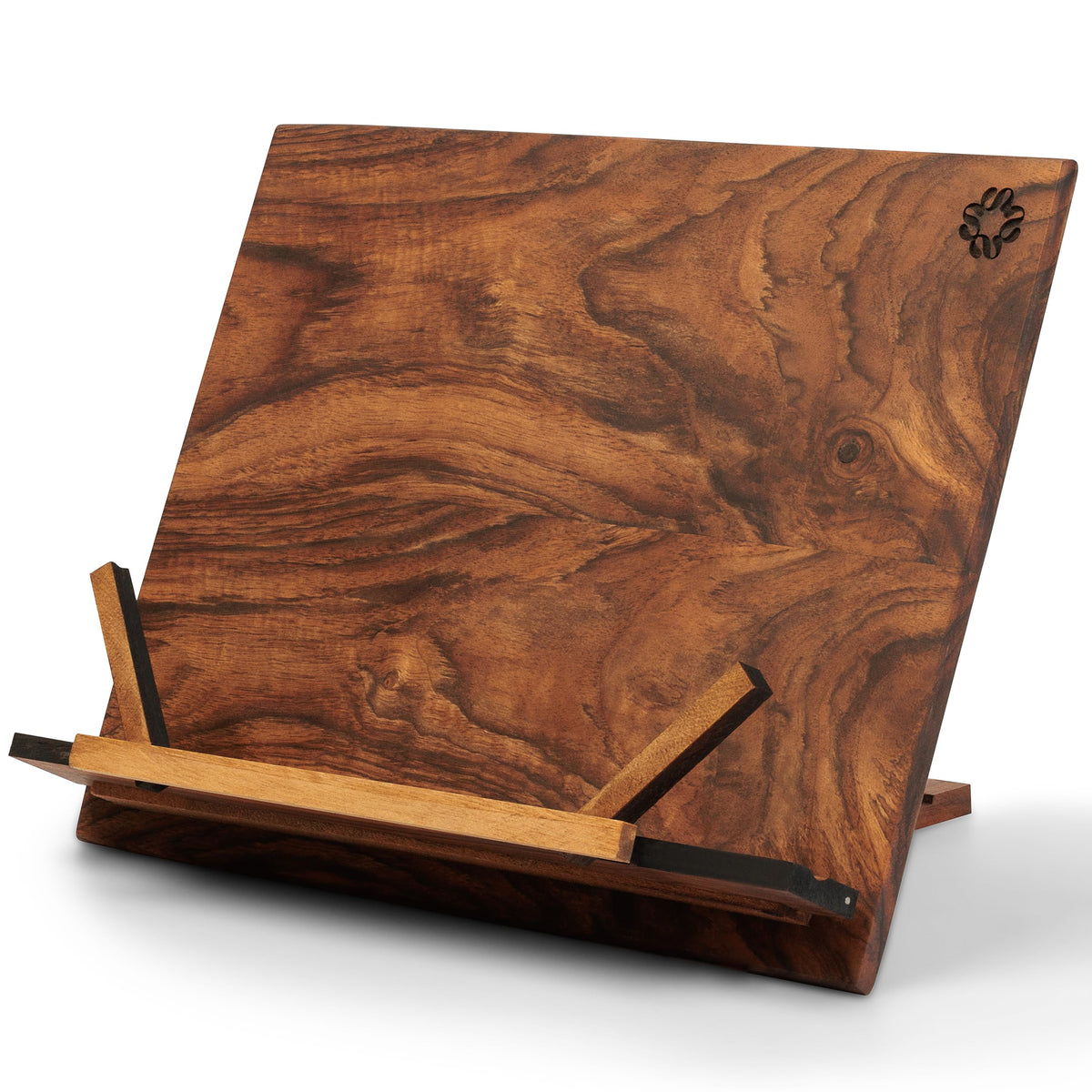 TILISMA wooden book stand front view shows sturdy walnut build for hands-free reading.