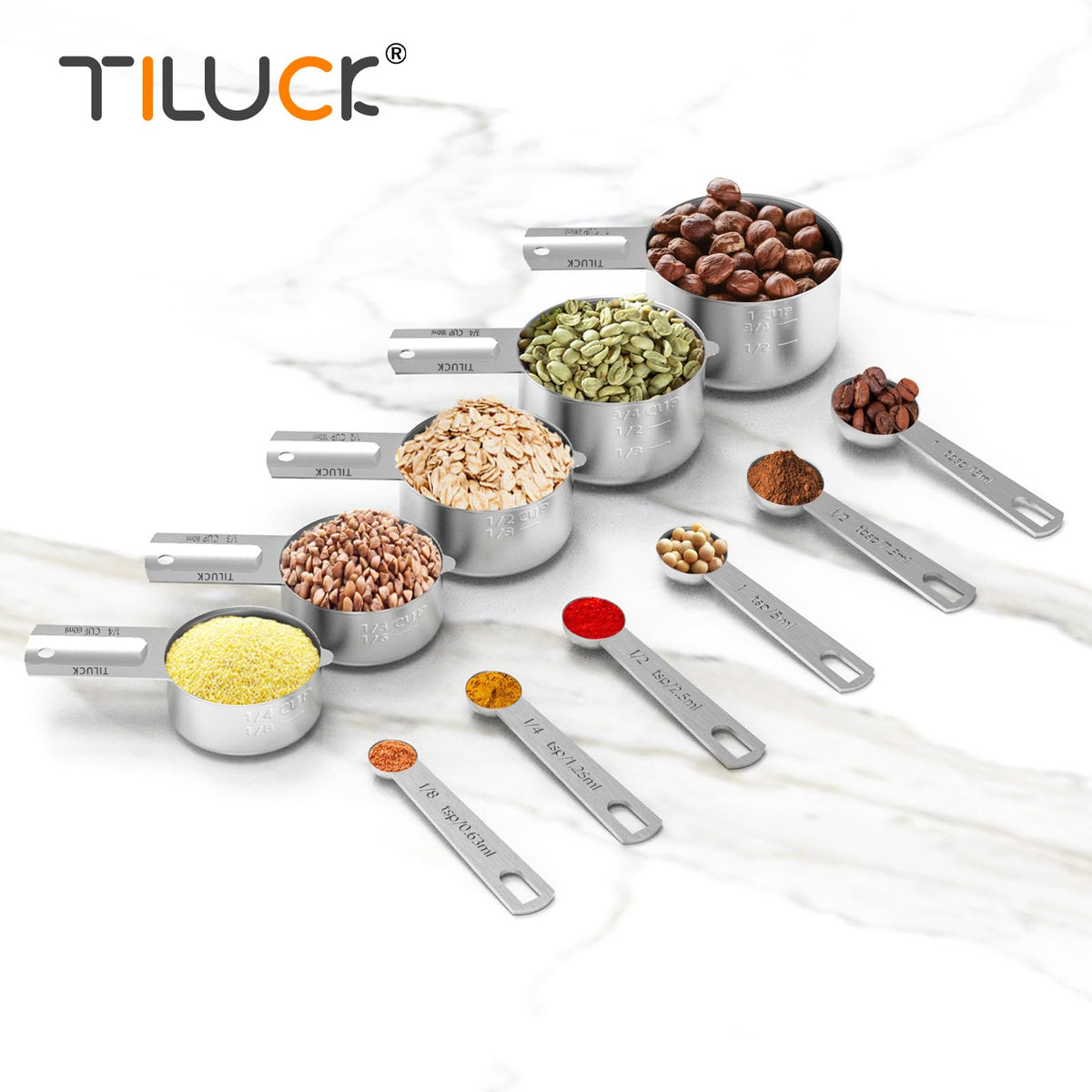 Tiluck dishwasher-safe stainless steel measuring set for easy cleaning after cooking.