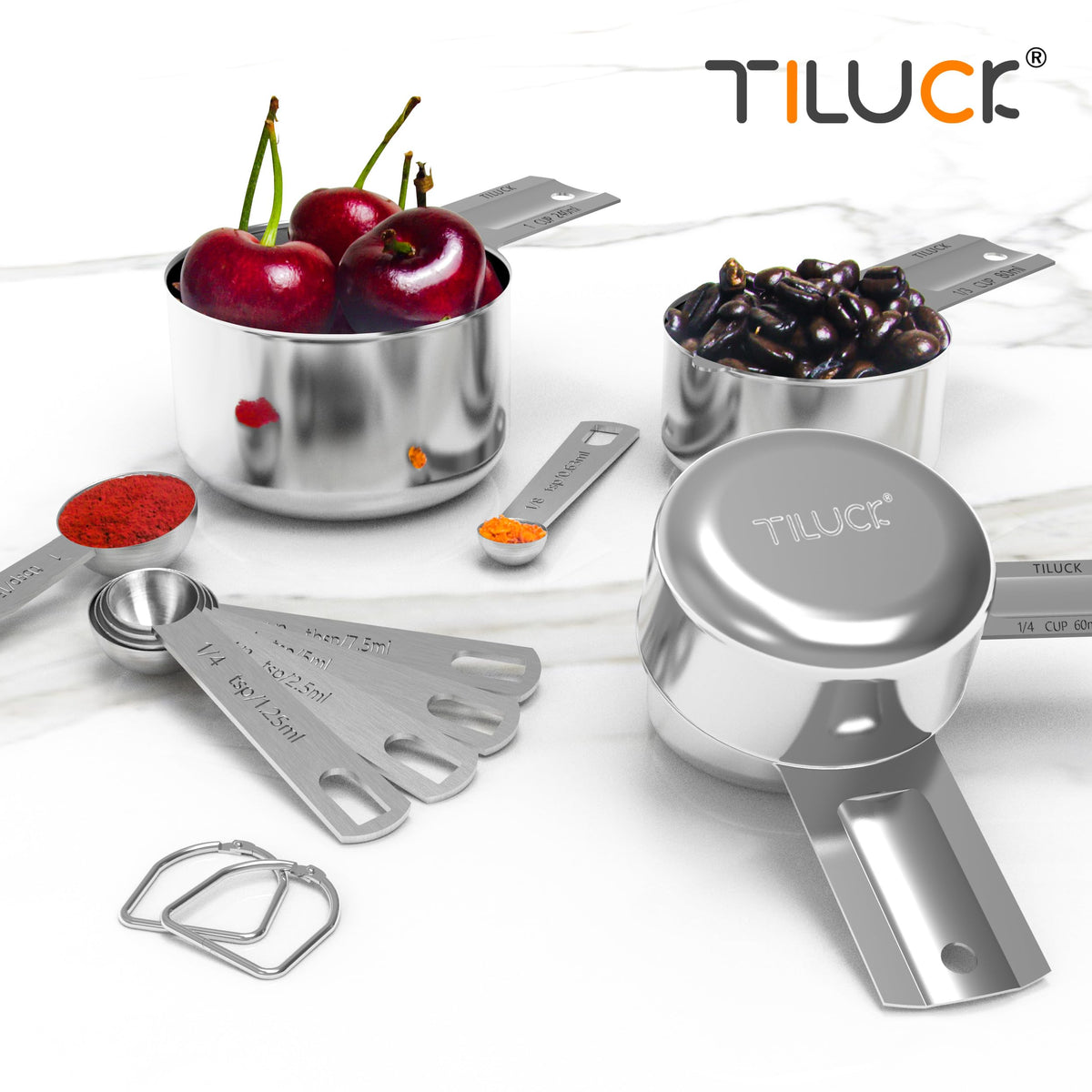 TILUCK dishwasher-safe measuring set for quick cleanup after cooking.