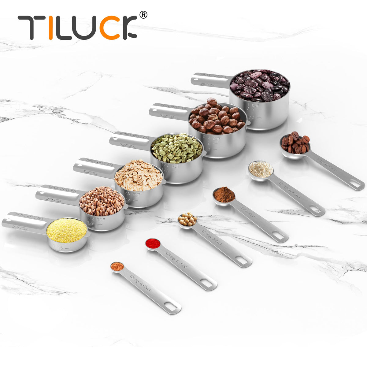 TILUCK dishwasher-safe measuring set for quick cleanup after cooking.