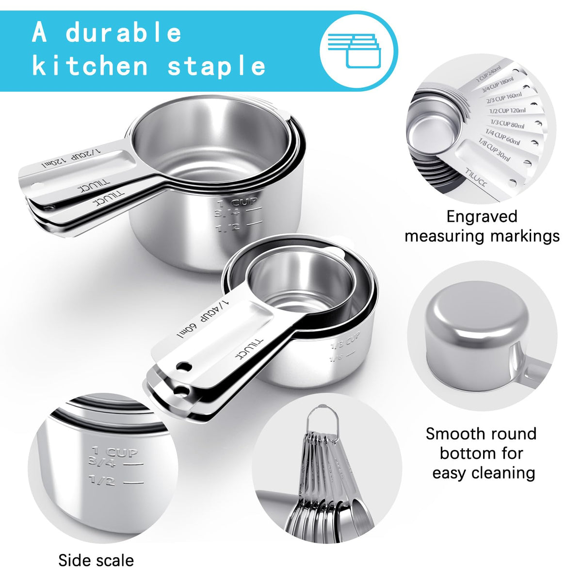TILUCK cups with engraved size marks for quick, accurate measuring while cooking