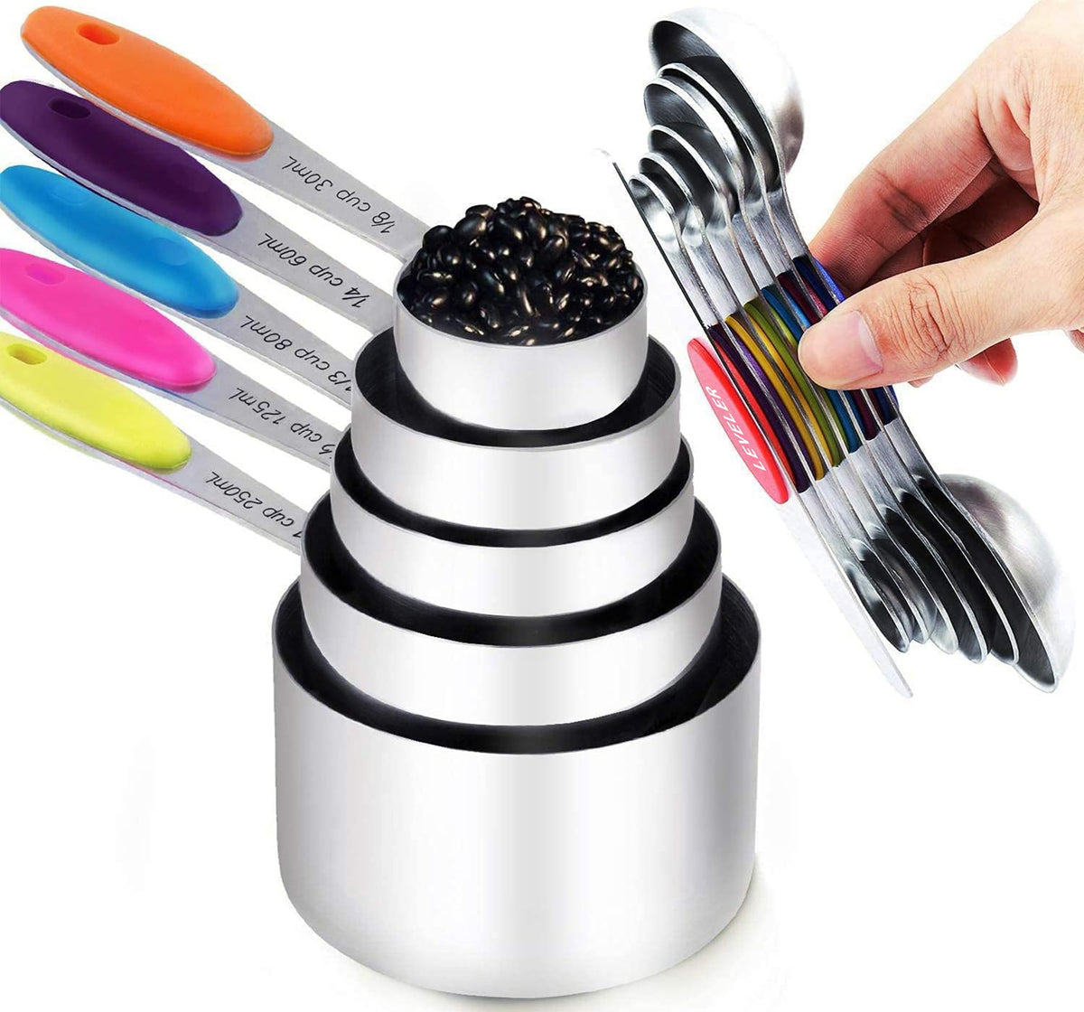 TILUCK measuring cups 5 sizes assembly shows varied cup sizes for precise measuring