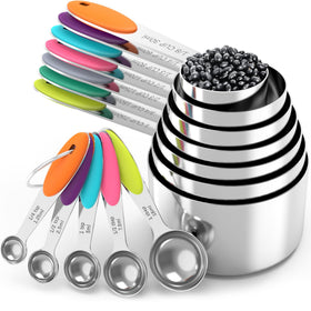 TILUCK stainless steel measuring cups with non-slip silicone handles for precise dry and liquid measurements.