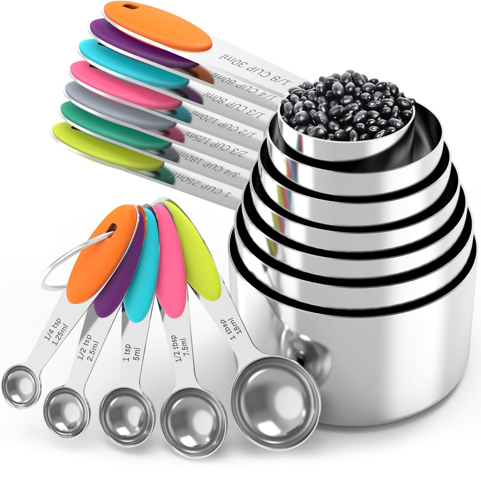TILUCK stainless steel measuring cups with non-slip silicone handles for precise dry and liquid measurements.