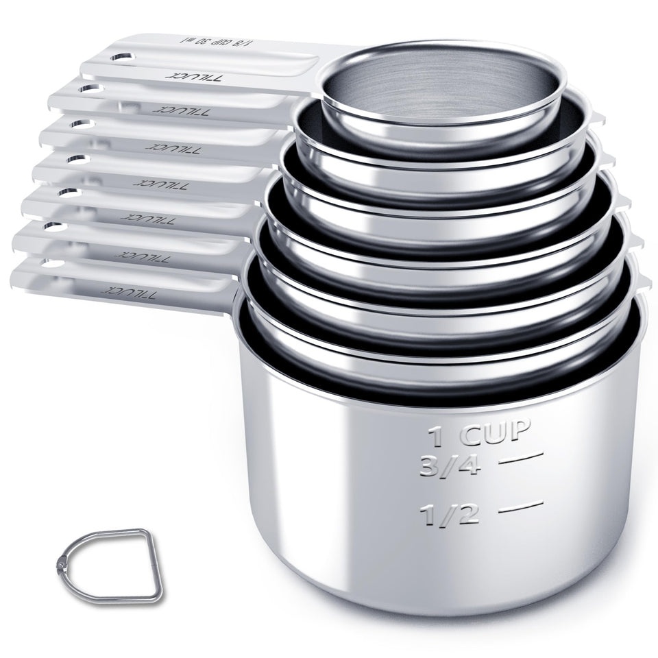 TILUCK seven-piece stainless steel measuring cups set for precise baking and cooking
