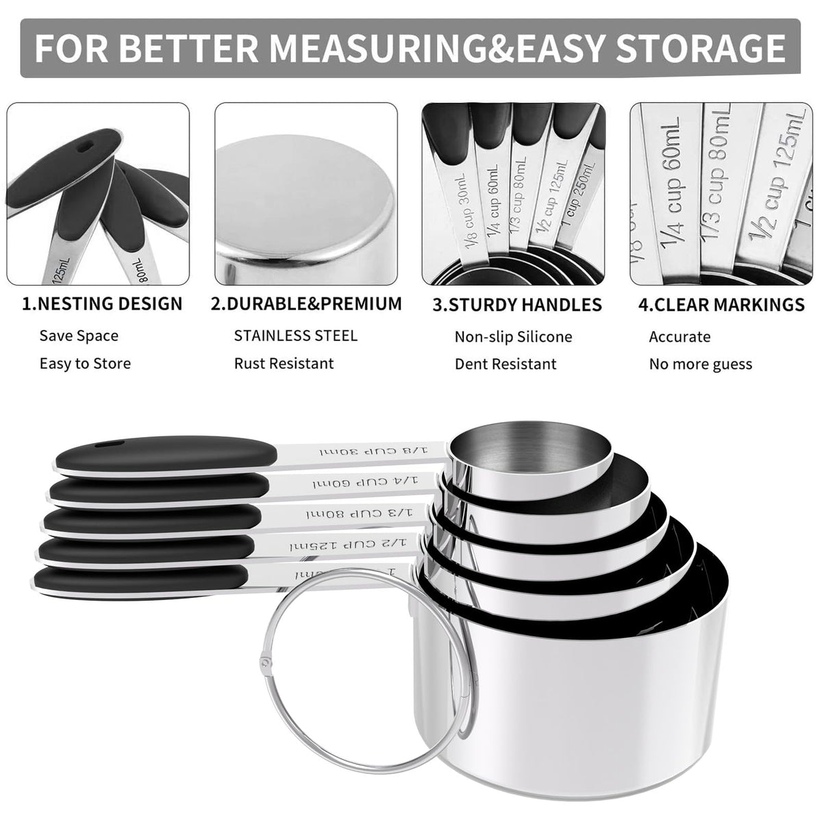 TILUCK spoons and cups with silicone handles provide a comfortable, non-slip grip.
