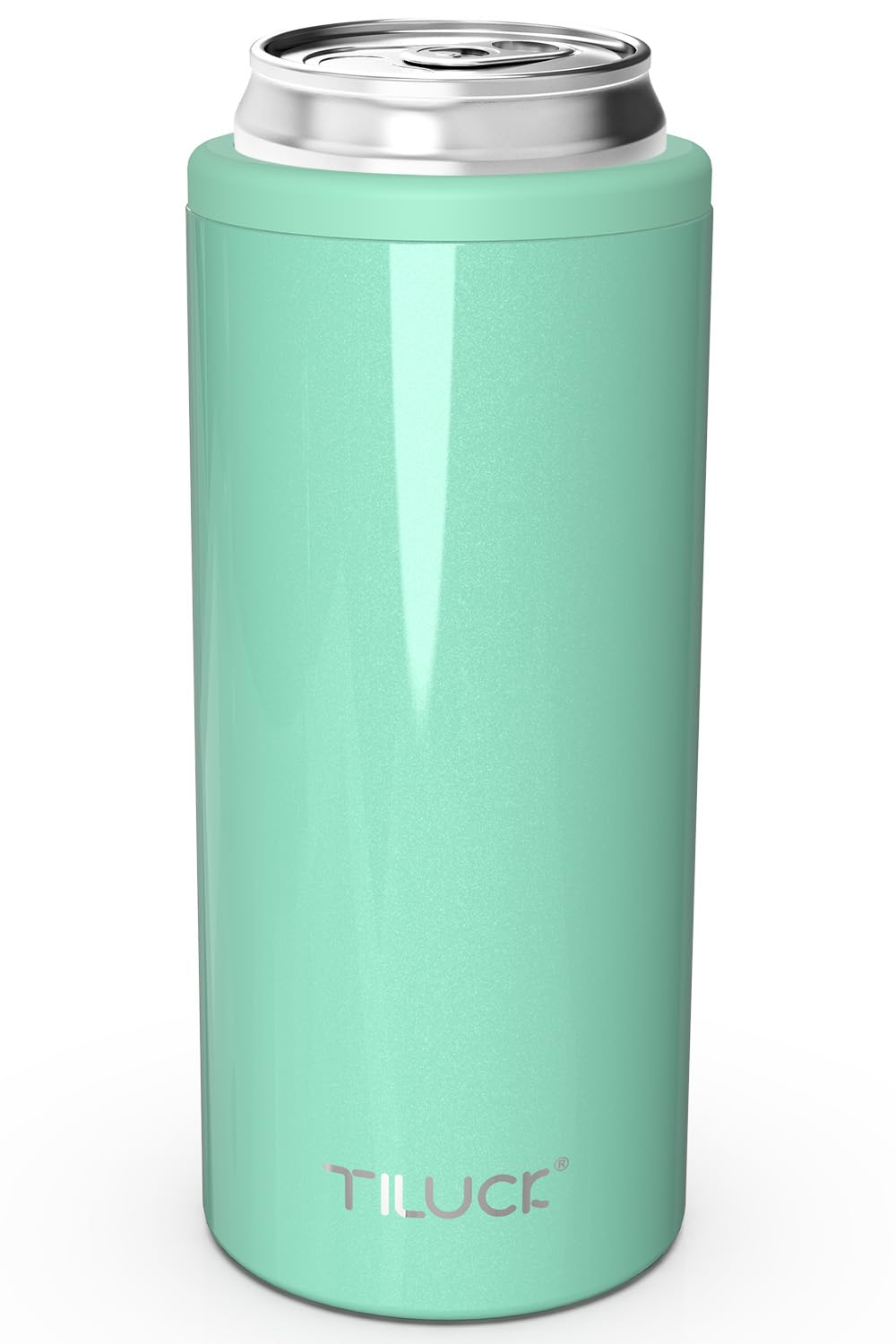 TILUCK Skinny Can Cooler Glitter Aqua front view keeps 12 oz slim cans icy and refreshing.