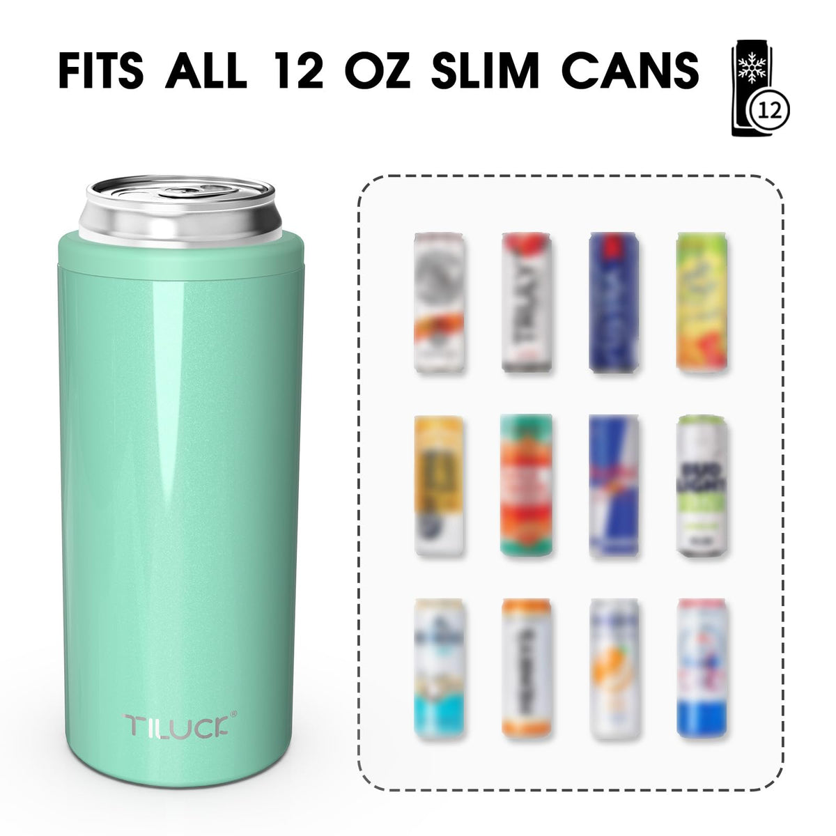 TILUCK Glitter Aqua skinny can cooler side shot highlights durable stainless steel finish.