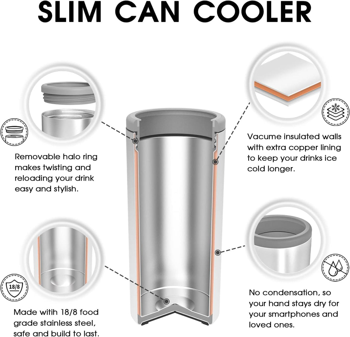 TILUCK Skinny Can Cooler Glitter White side view highlights double-walled insulation for longer cold sips
