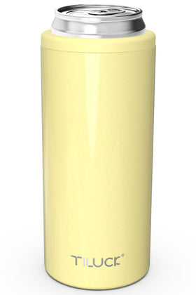 TILUCK Skinny Can Cooler lemon front view highlights double-walled stainless steel for lasting chill.