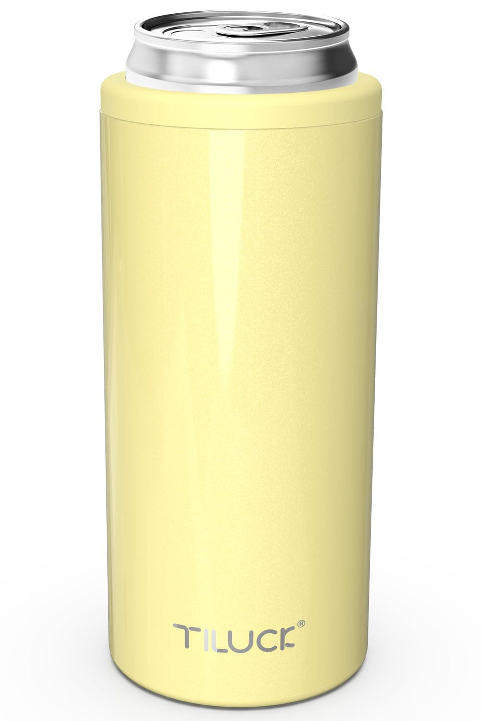 TILUCK Skinny Can Cooler lemon front view highlights double-walled stainless steel for lasting chill.