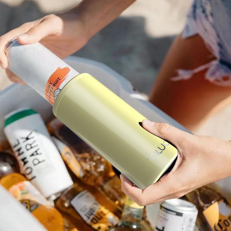 TILUCK Skinny Can Cooler lemon in-use image conveys party-ready portability.