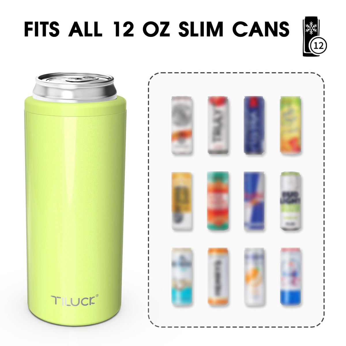 TILUCK Skinny Can Cooler lime — double-walled insulation preserves chill for longer sips.