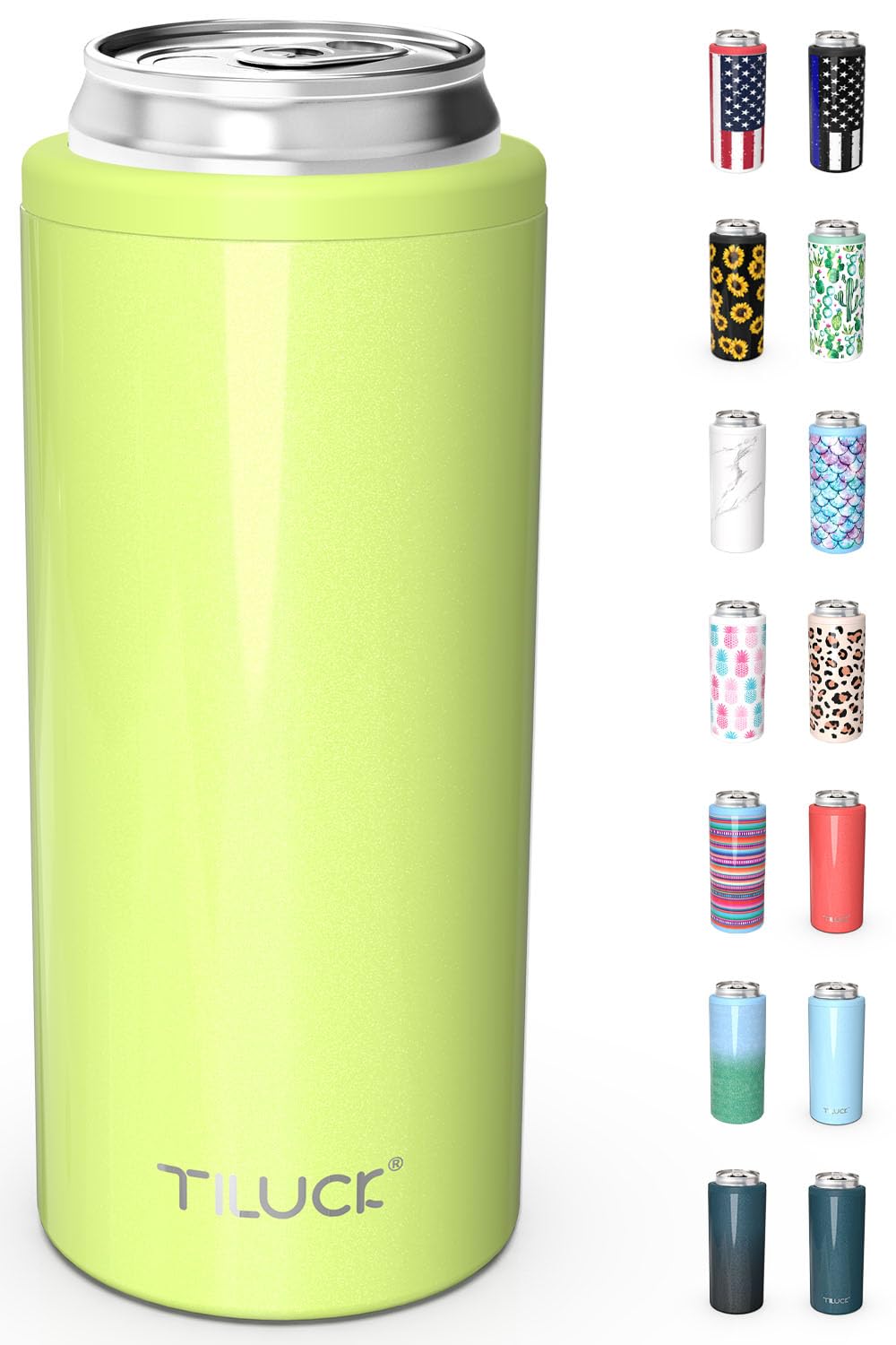 TILUCK Skinny Can Cooler lime — front view keeps 12 oz slim cans ice cold.