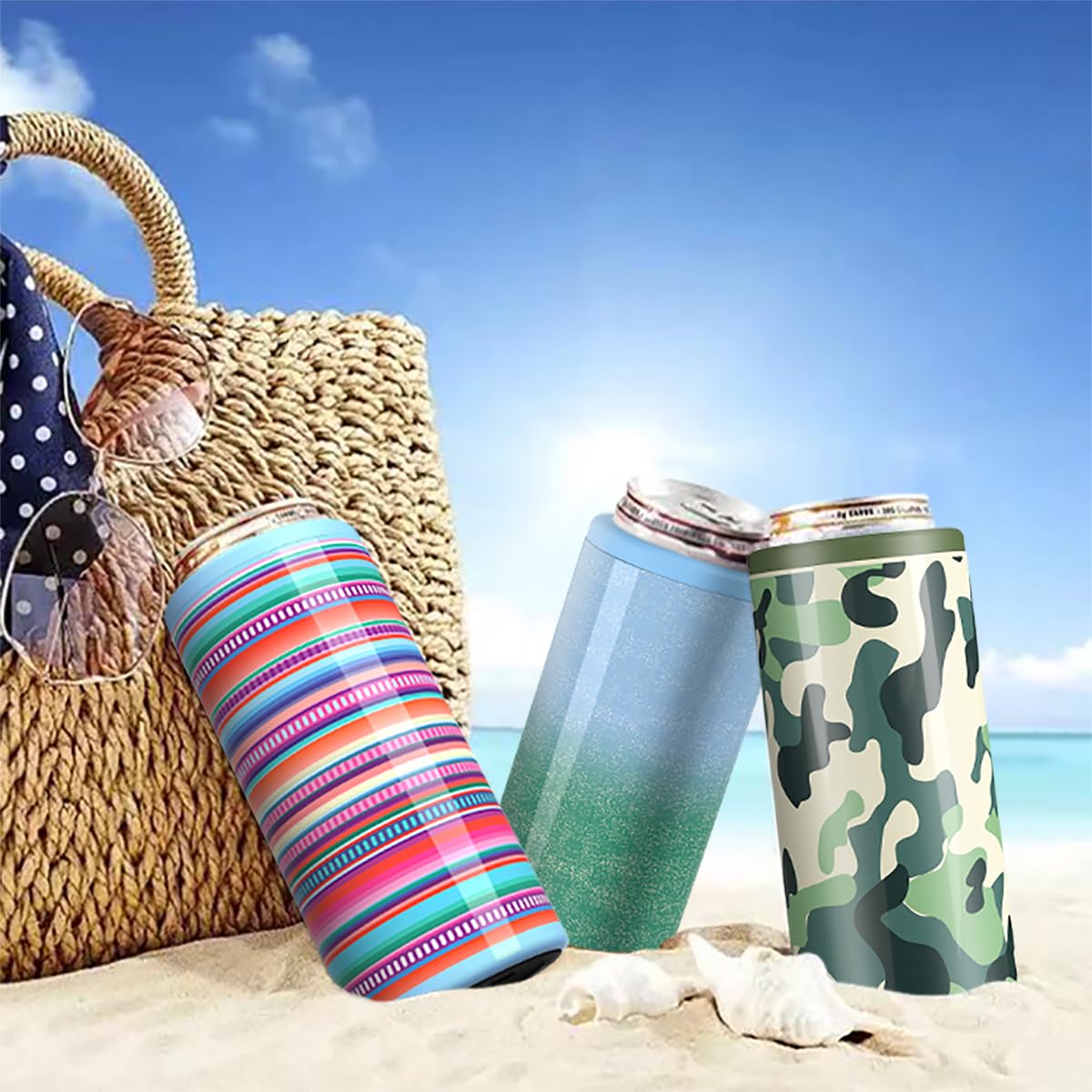 TILUCK Skinny Can Cooler teal gradient shown with packaging and carry-friendly design