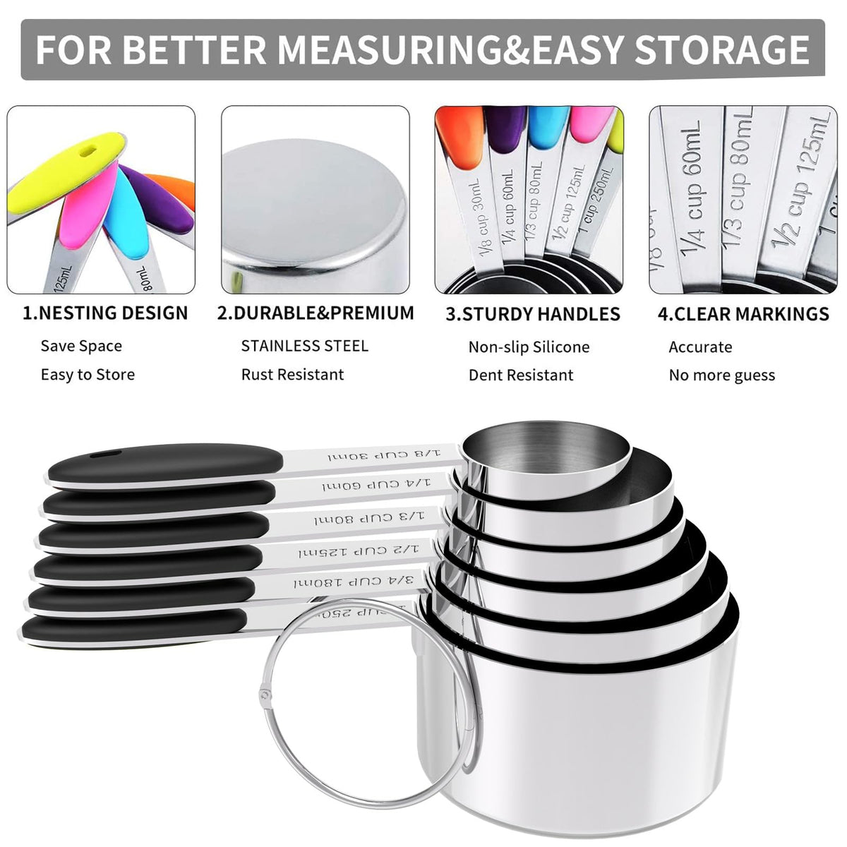 TILUCK stackable measuring spoons and cups saving space in the kitchen.